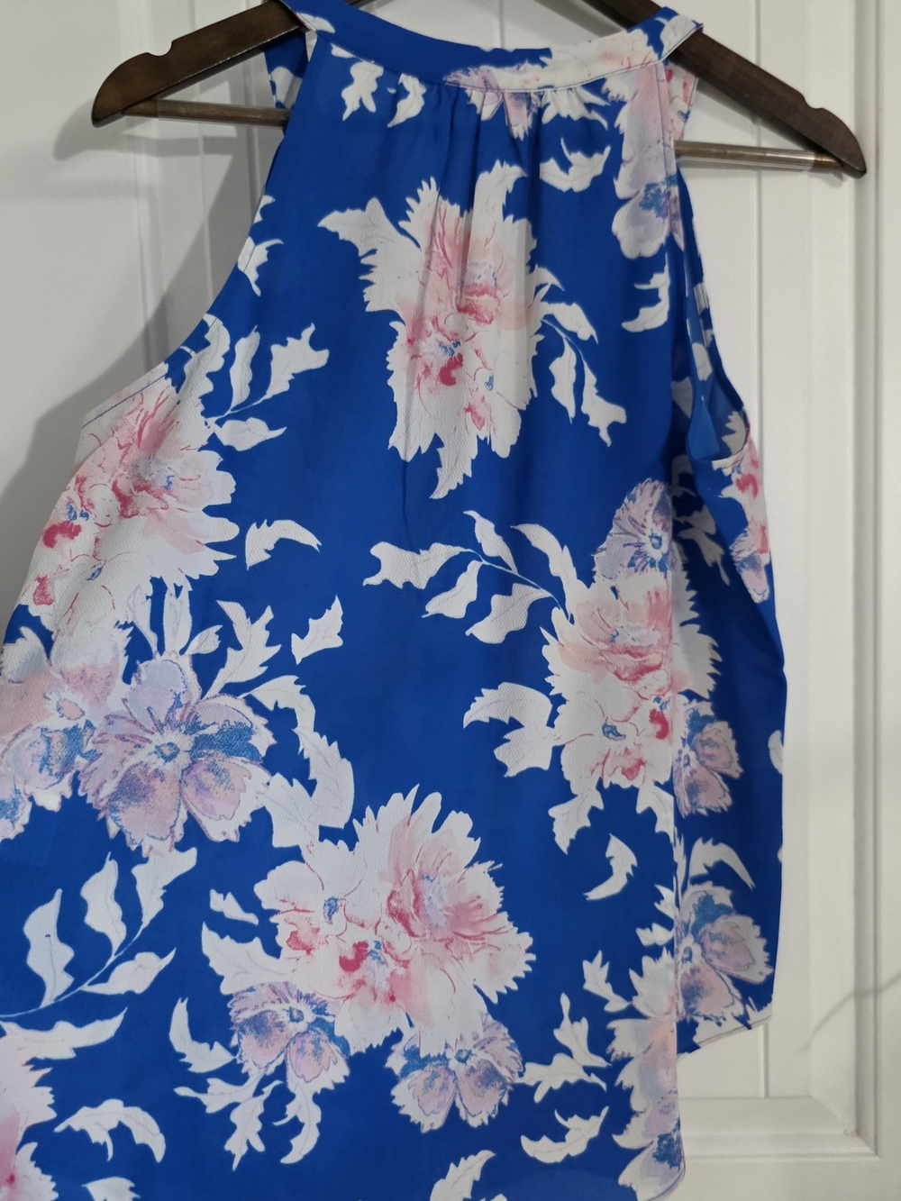 Rose + Olive Medium Blue Pink Floral Sleeveless Tassel Tie Blouse Boho Top - Picture 9 of 11